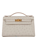 Hermes Kelly Pochette Gris Perle Ostrich Gold Hardware
