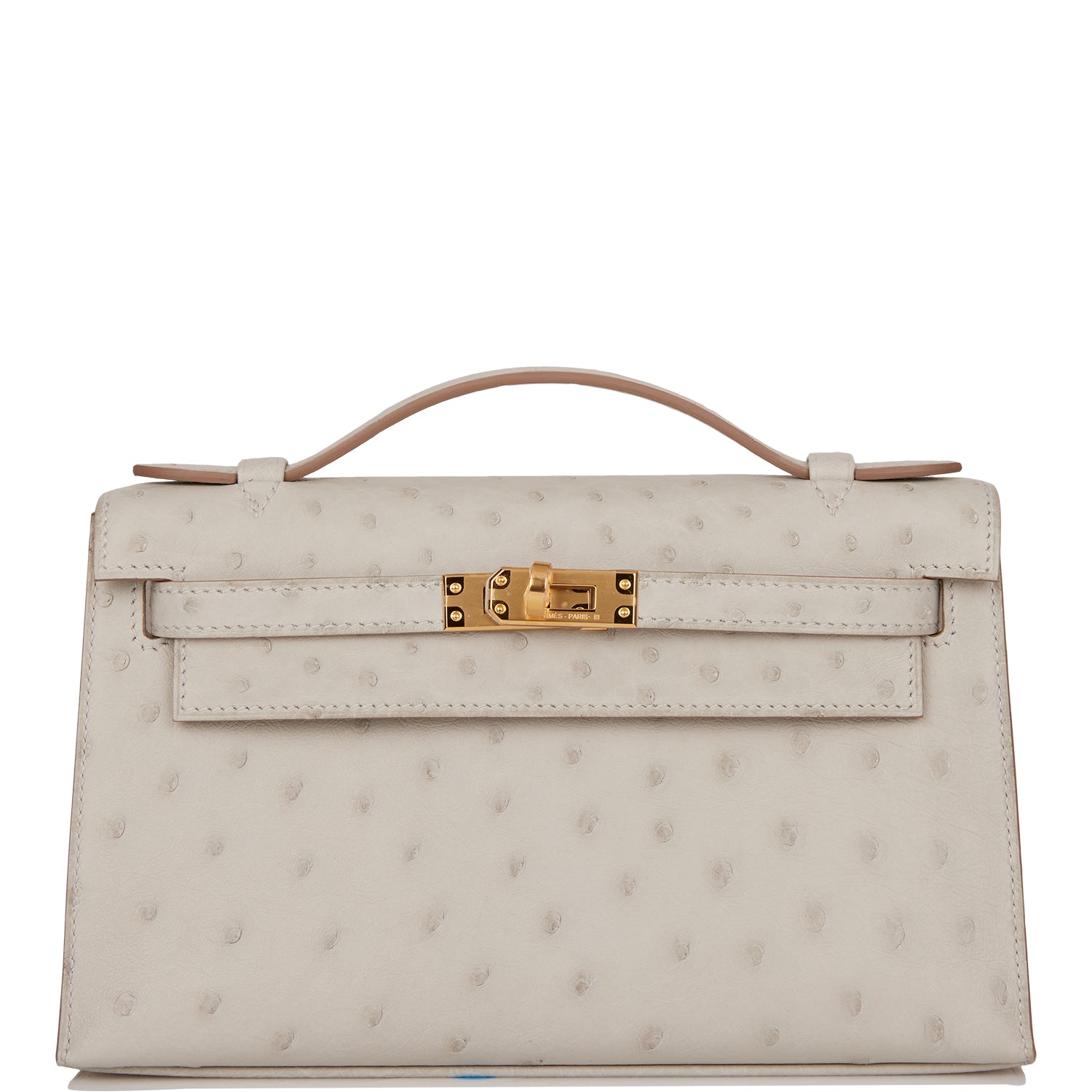 Hermes Kelly Pochette Gris Perle Ostrich Gold Hardware
