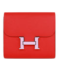 Pre-owned Hermes Constance Compact Wallet Rouge de Coeur Epsom Rose Sakura Enamel and Palladium Hardware