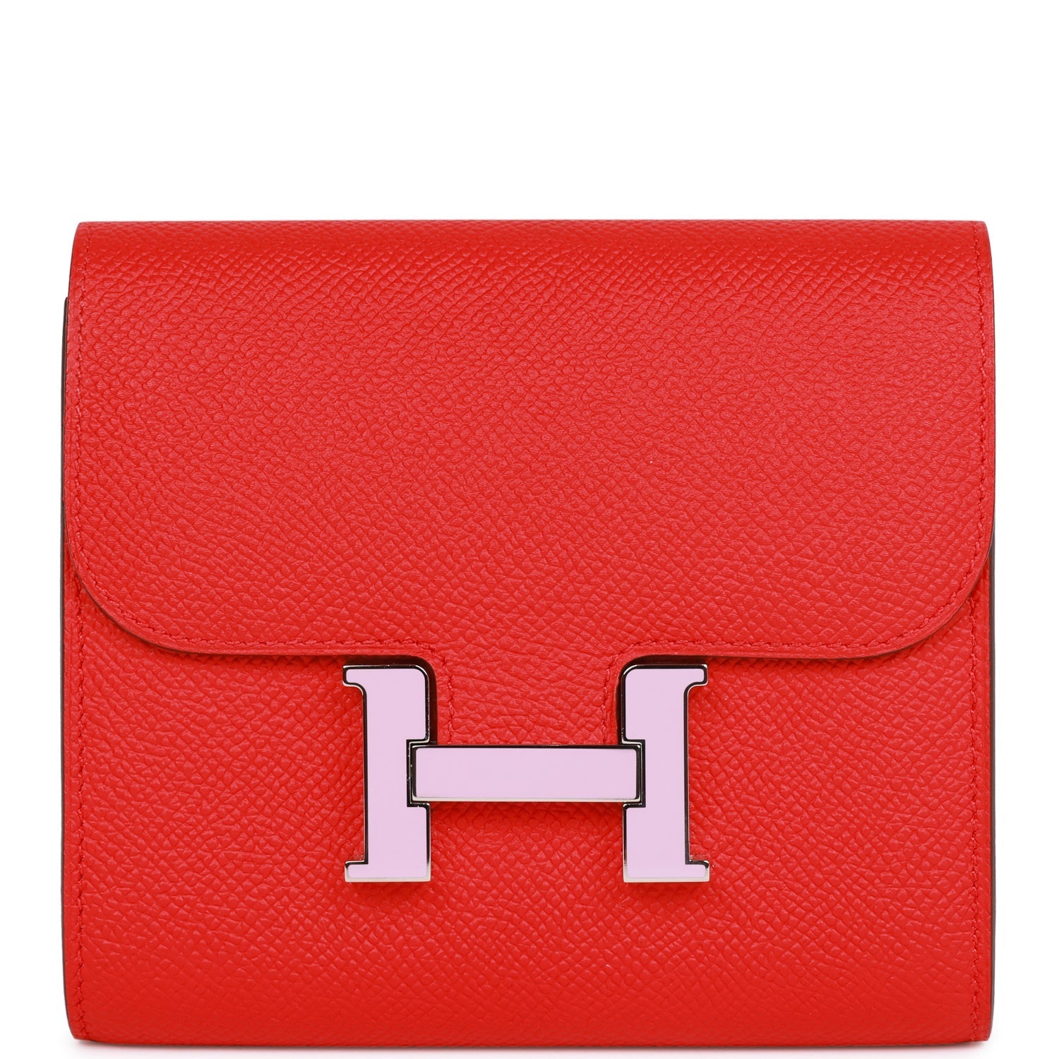 Pre-owned Hermes Constance Compact Wallet Rouge de Coeur Epsom Rose Sakura Enamel and Palladium Hardware