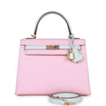 Hermes Special Order (HSS) Kelly Sellier 25 Rose Sakura and Bleu Brume Chevre Gold Hardware