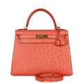 Pre-owned Hermes Kelly Sellier 28 Tangerine Ostrich Gold Hardware