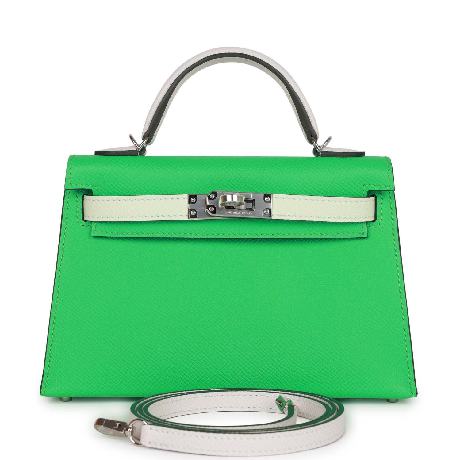 Hermes Kelly Sellier 20 Tri-Color Vert Comics, Vert Fizz and Gris Perle Epsom Palladium Hardware Payment 2