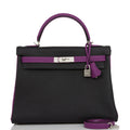 Hermes Special Order (HSS) Kelly Retourne 32 Black and Anemone Togo Brushed Palladium Hardware