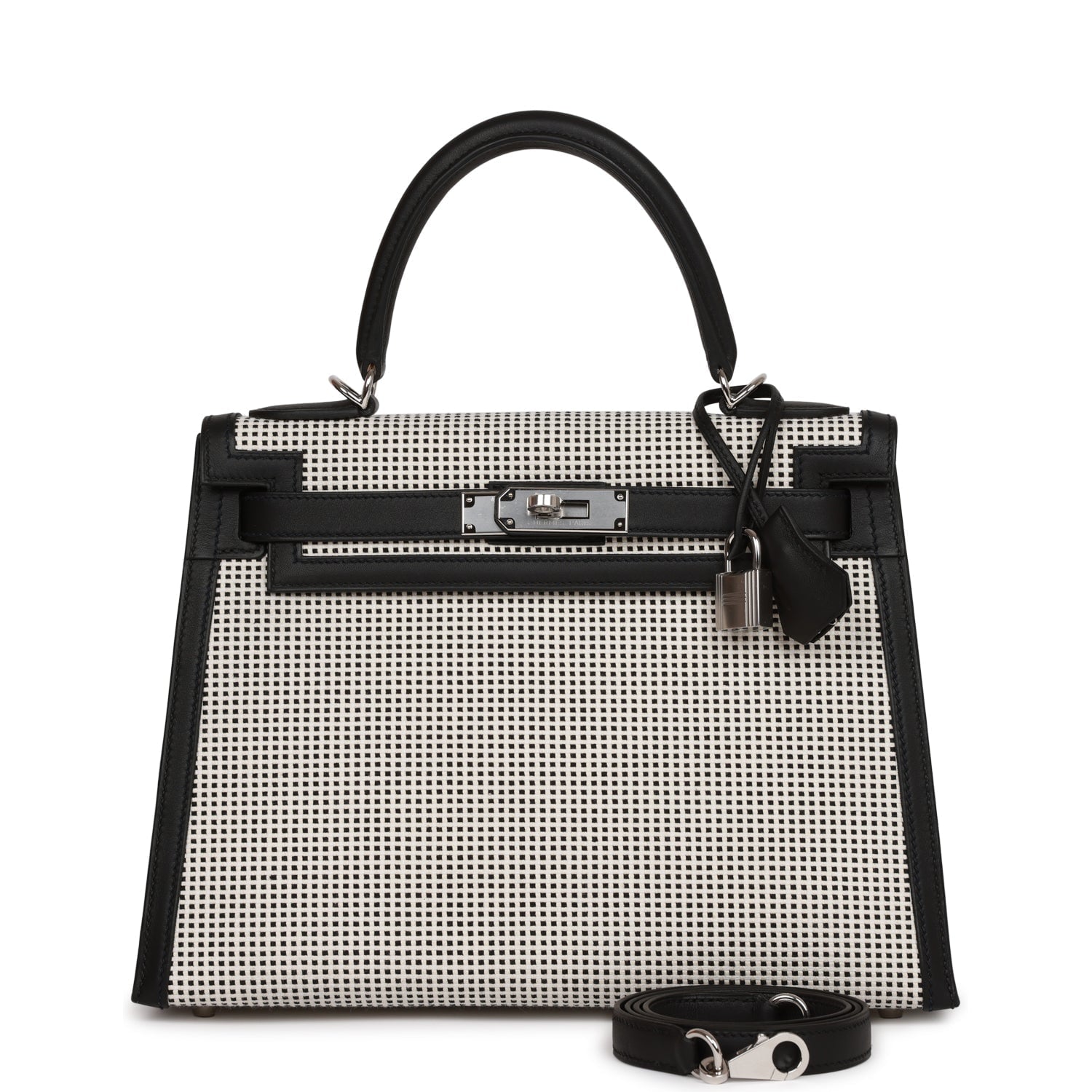 Hermes Quadrille Kelly Sellier 28 Black Toile and Swift Palladium Hardware
