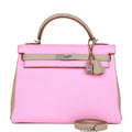 Pre-owned Hermes Special Order (HSS) Kelly Retourne 32 Bubblegum and Gris Tourterelle Clemence Brushed Palladium Hardware