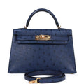 Pre-owned Hermes Kelly 20 Bleu Saphir Ostrich Gold Hardware
