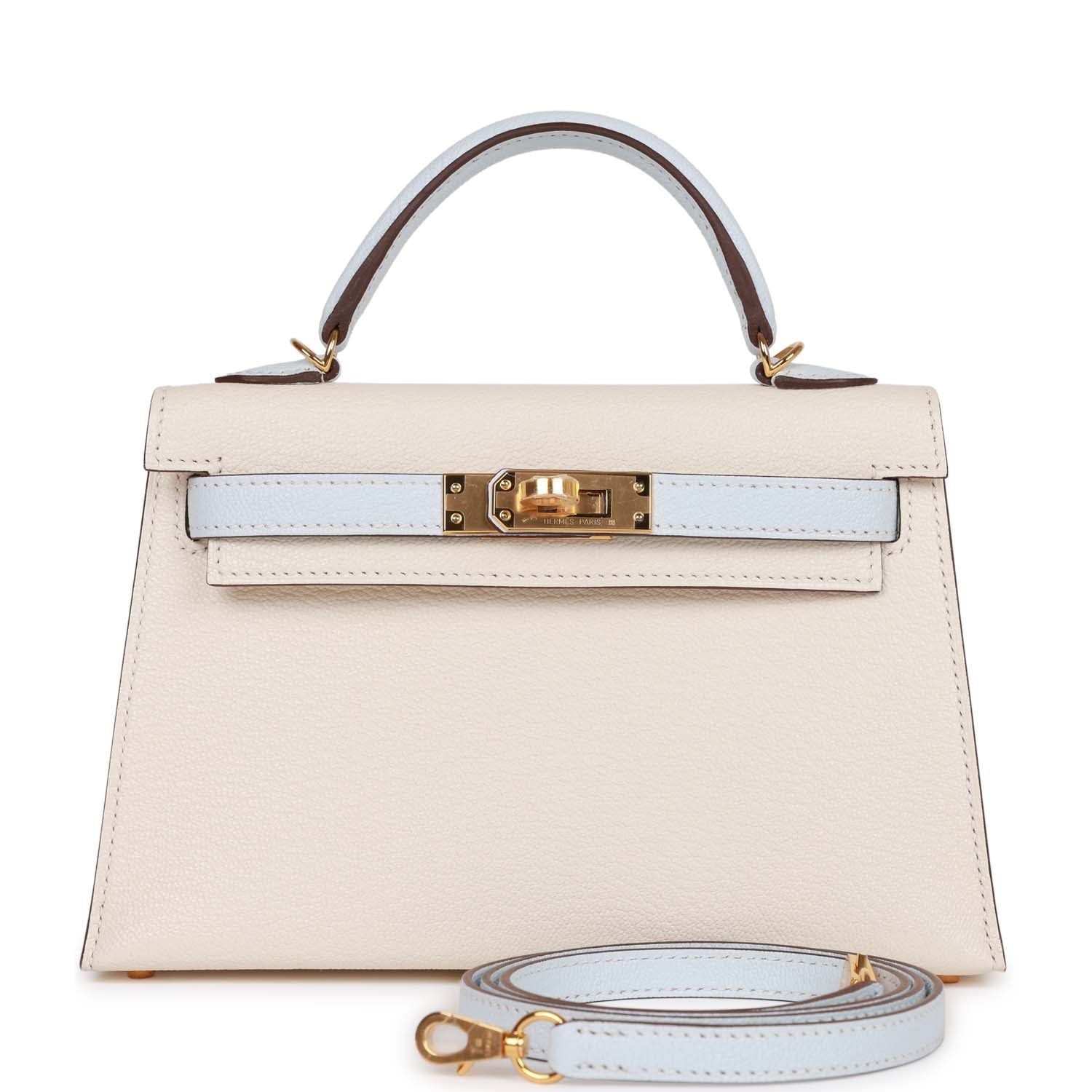 Herm√®s Special Order (HSS) Kelly 20 Nata and Bleu Brume Chevre Gold Hardware