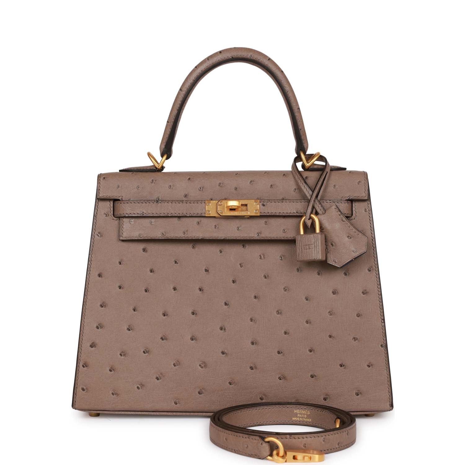 Pre-owned Hermes Special Order (HSS) Kelly Sellier 25 Gris Asphalt Verso Ostrich Brushed Gold Hardware
