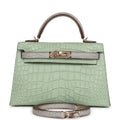 Hermes Special Order (HSS) Kelly Sellier 20 Vert D'eau and Gris Perle Matte Alligator Permabrass Hardware