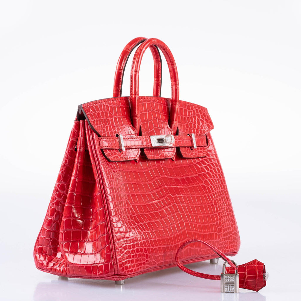 Hermès Birkin 25 Rouge de Coeur Shiny Porosus Crocodile 18K White Gold Hardware & Diamonds - 2020, Y