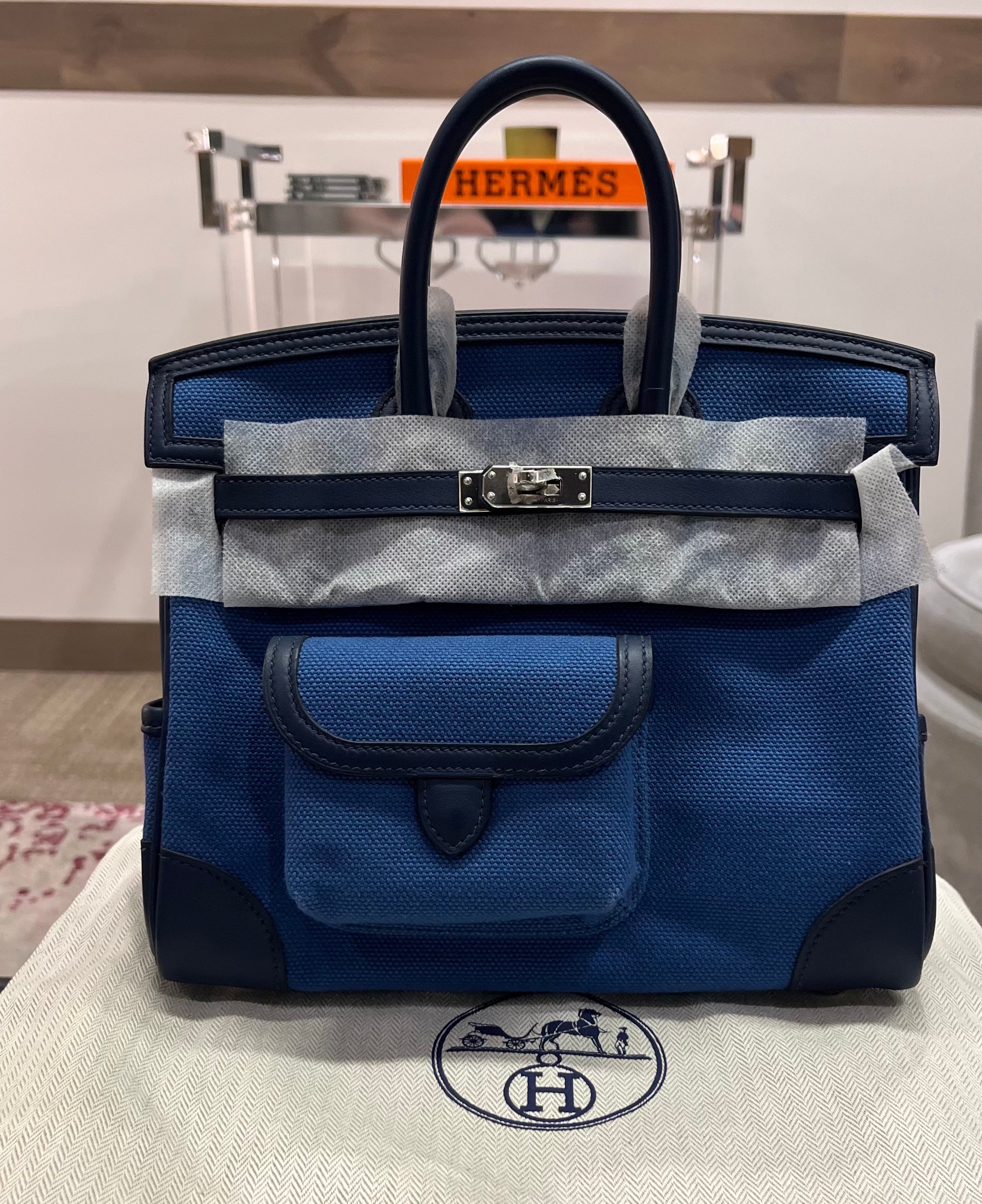 Hermes Birkin Cargo 25 Egee/Bleu Navy Swift and Toile Canvas Palladium Hardware