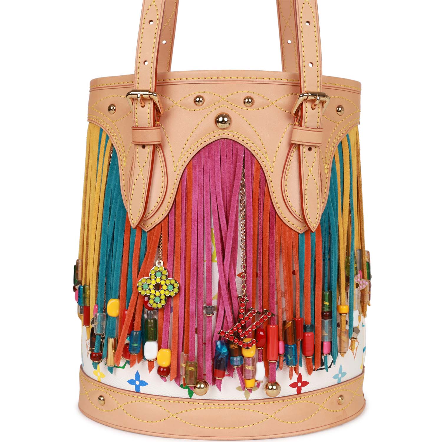Louis Vuitton White Multicolor Fringe Bucket Bag