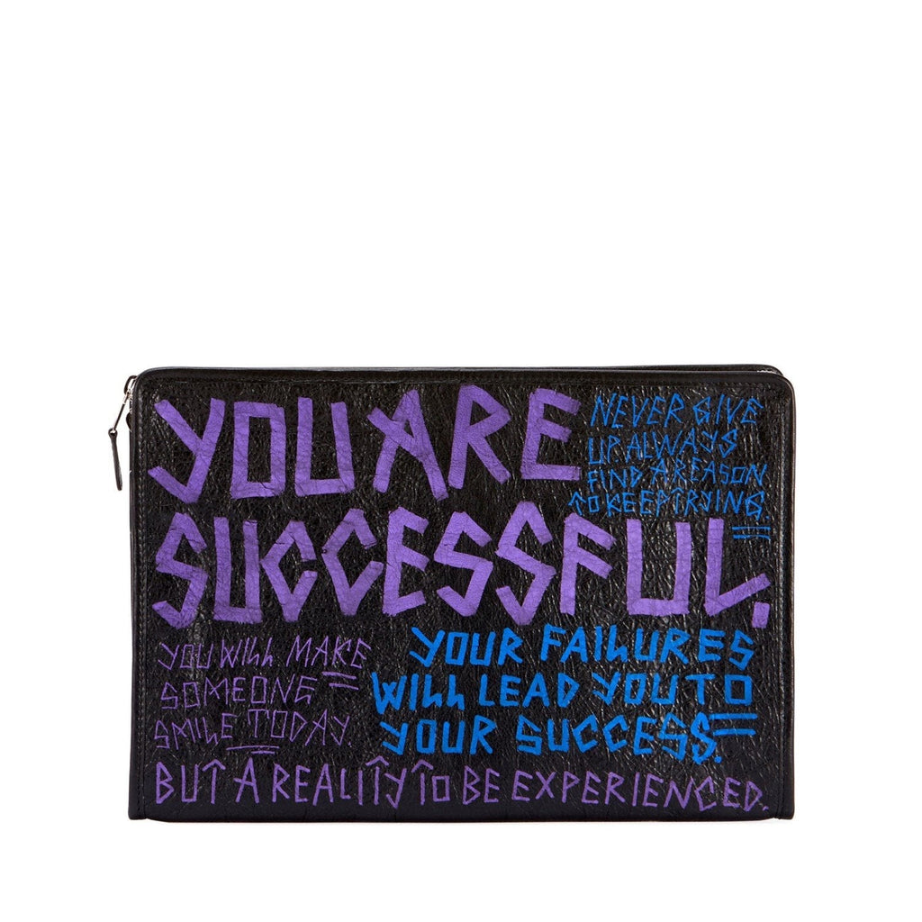 Balenciaga Bazar Graffiti Purple Blue Black Arena Leather Pouch 443658