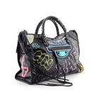 Balenciaga City Graffiti Print Black Arena Leather Shoulder Bag 505550