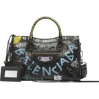 Balenciaga City Graffiti Print Black Arena Leather Shoulder Bag 505550