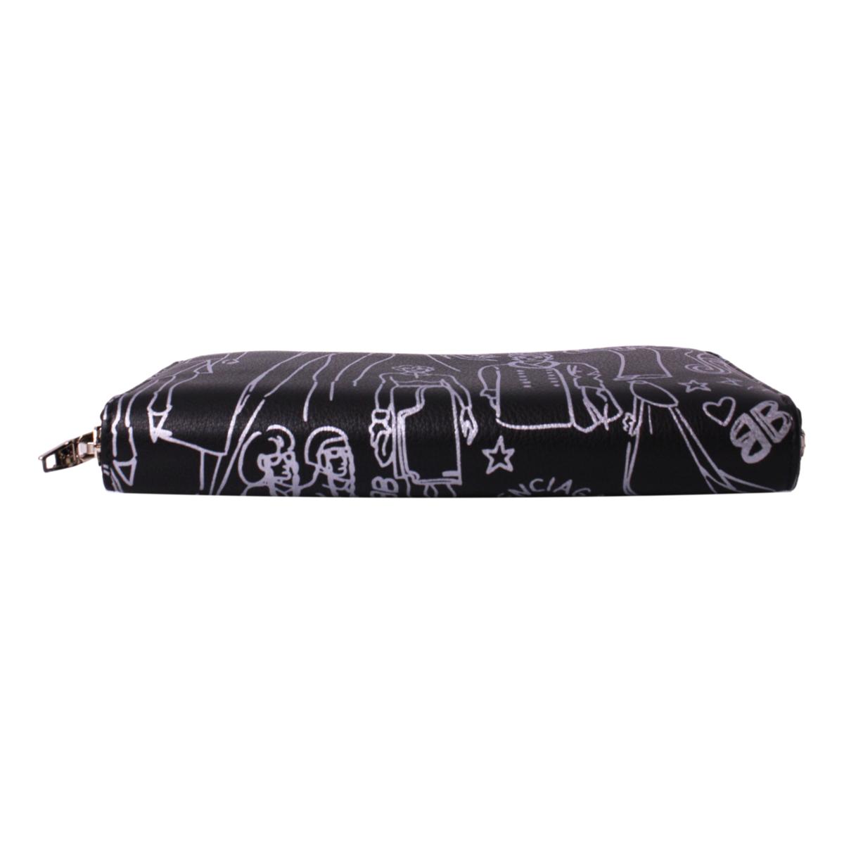 Balenciaga Everyday Black Calfskin Tattoo Print Zip Around Wallet 490625