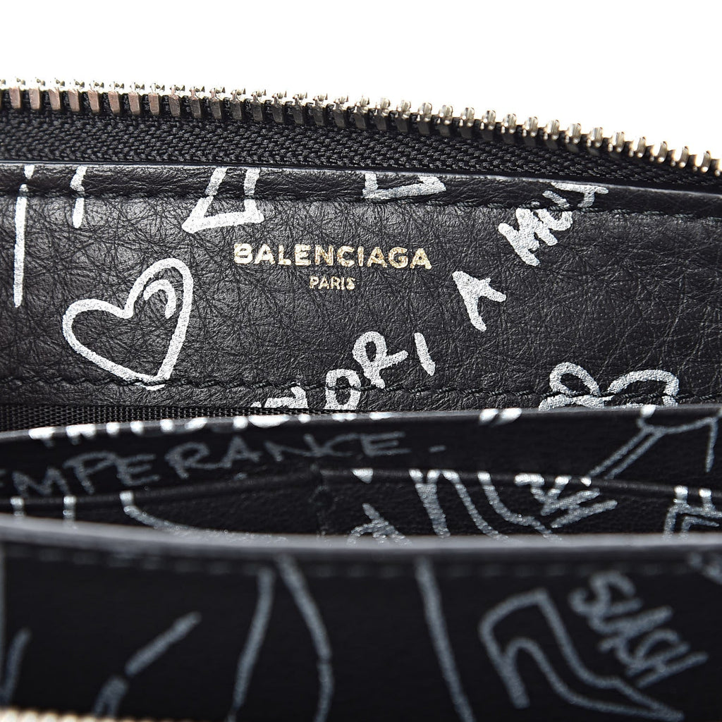 Balenciaga Everyday Black Calfskin Tattoo Print Zip Around Wallet 490625