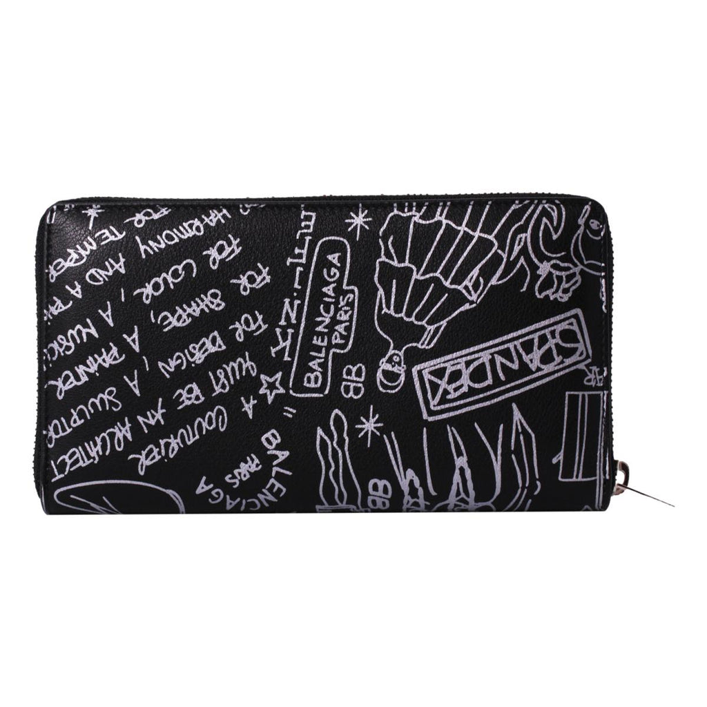 Balenciaga Everyday Black Calfskin Tattoo Print Zip Around Wallet 490625