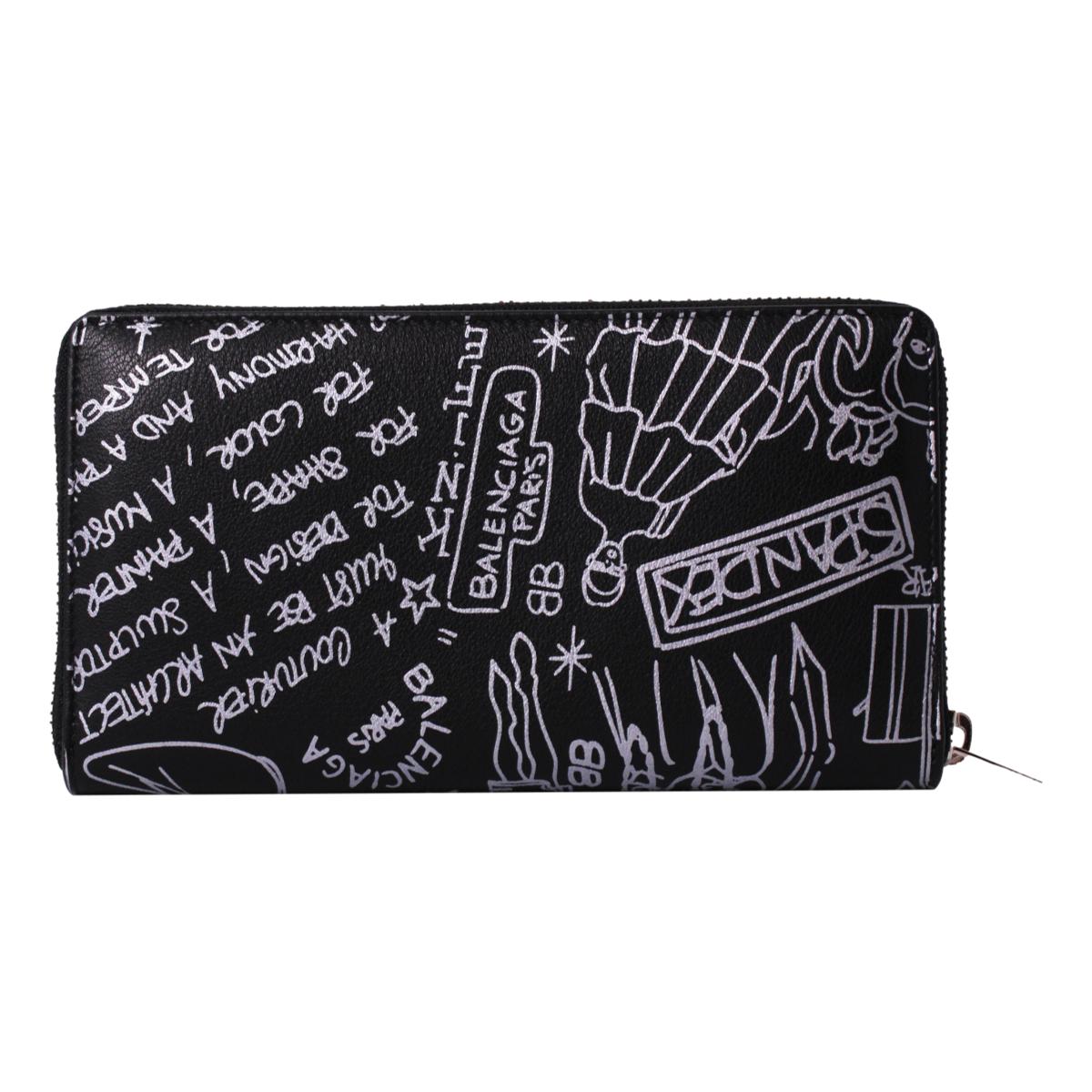 Balenciaga Everyday Black Calfskin Tattoo Print Zip Around Wallet 490625