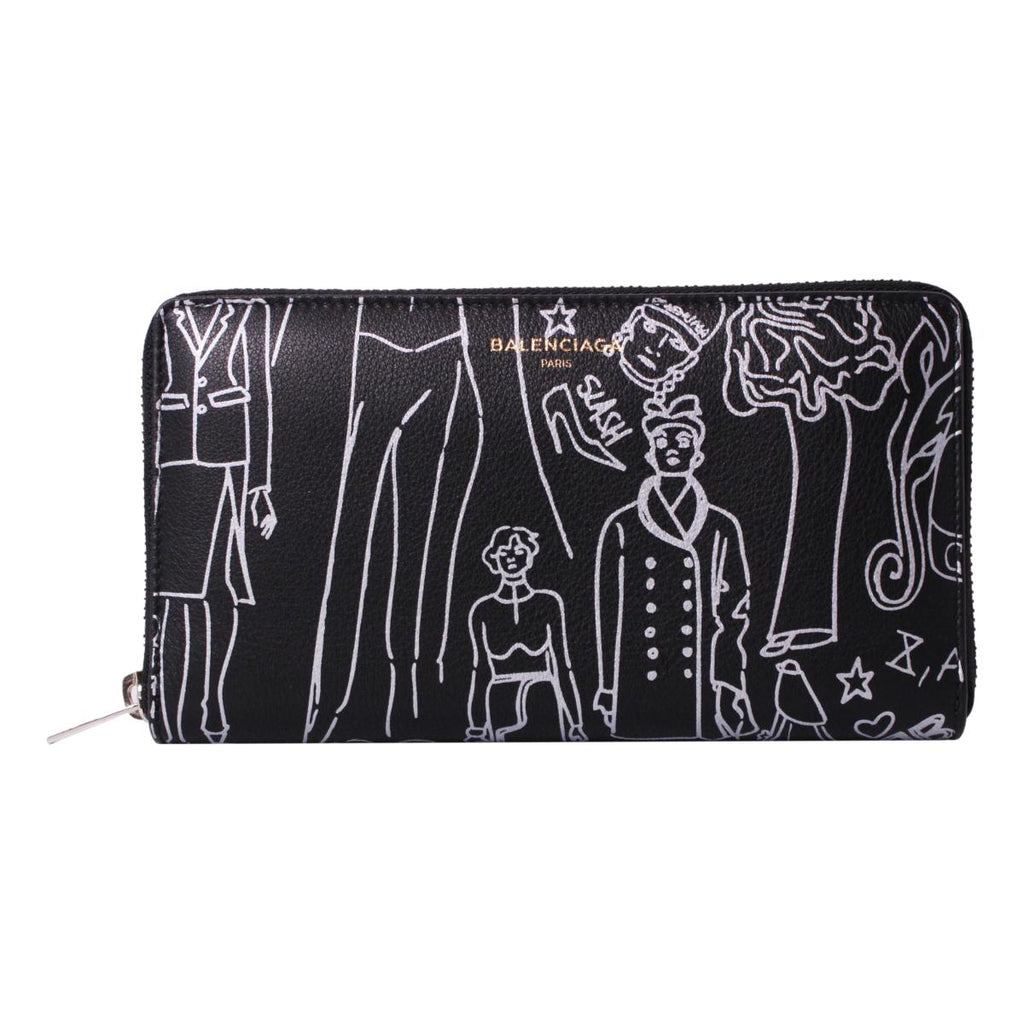 Balenciaga Everyday Black Calfskin Tattoo Print Zip Around Wallet 490625