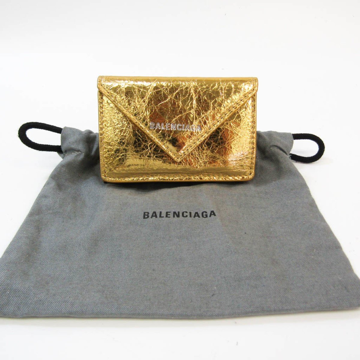 Balenciaga Papier Metallic Gold Arena Lambskin Leather Mini Trifold Wallet 391446