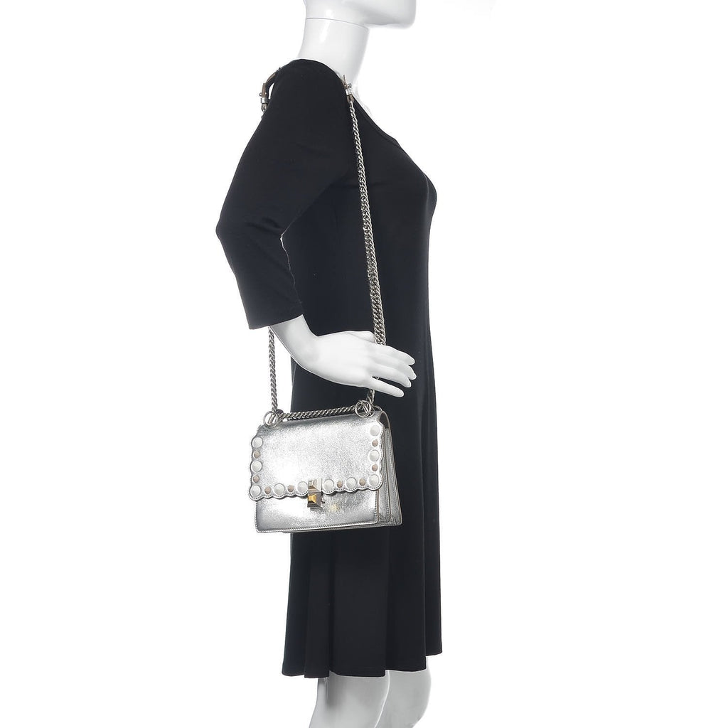 Fendi Kan I Metallic Silver Calfskin Scalloped Studded Small Shoulder Bag 8M0381
