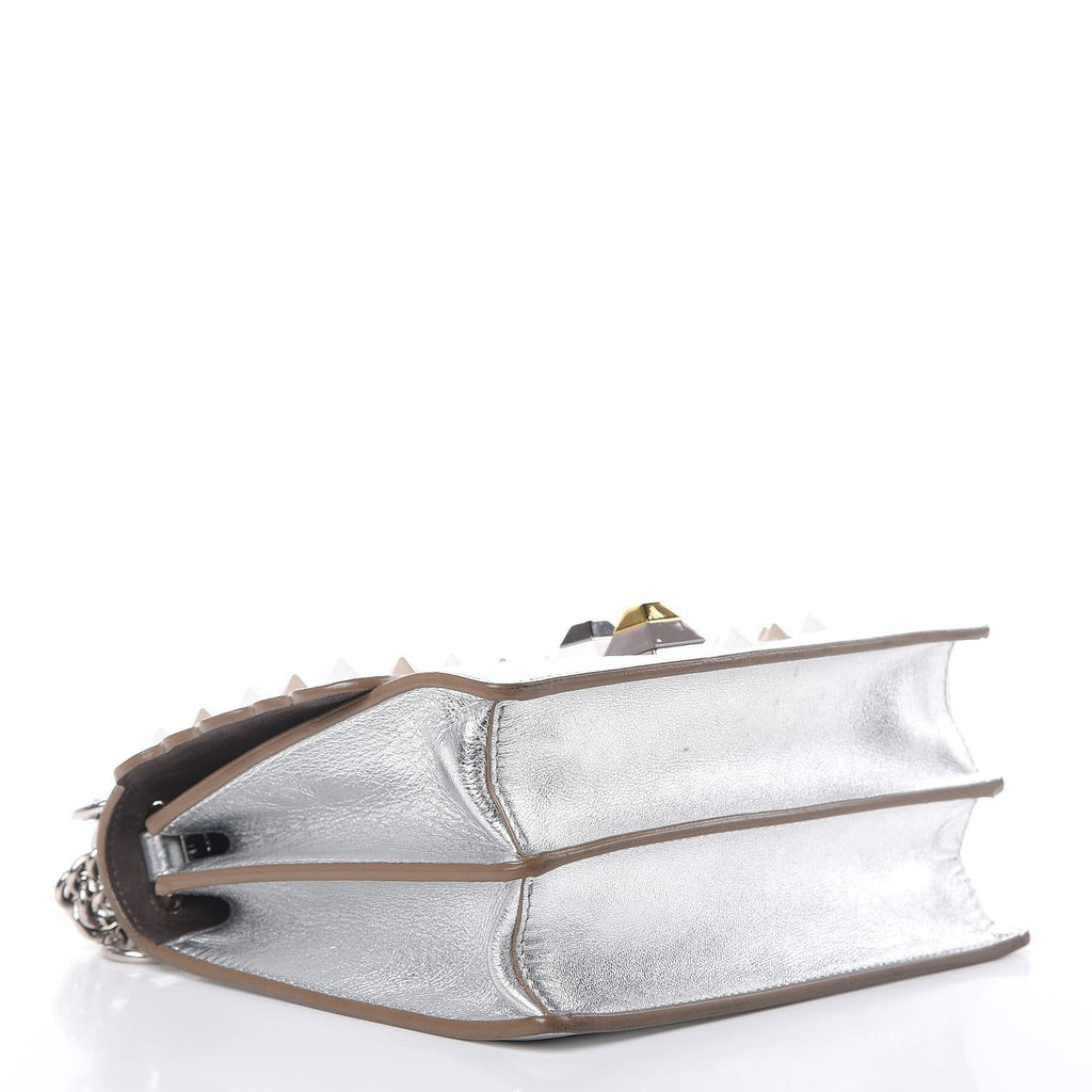Fendi Kan I Metallic Silver Calfskin Scalloped Studded Small Shoulder Bag 8M0381