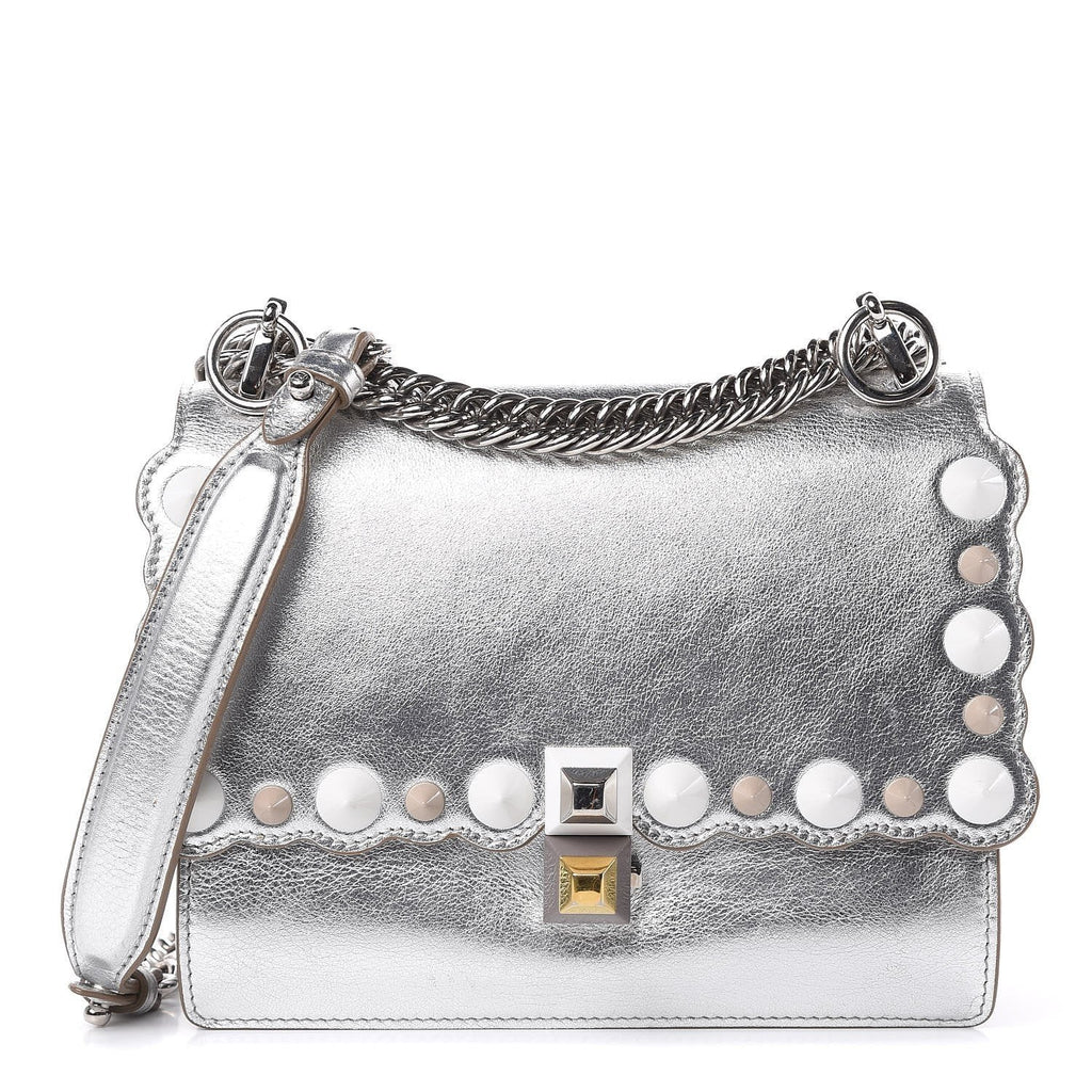 Fendi Kan I Metallic Silver Calfskin Scalloped Studded Small Shoulder Bag 8M0381