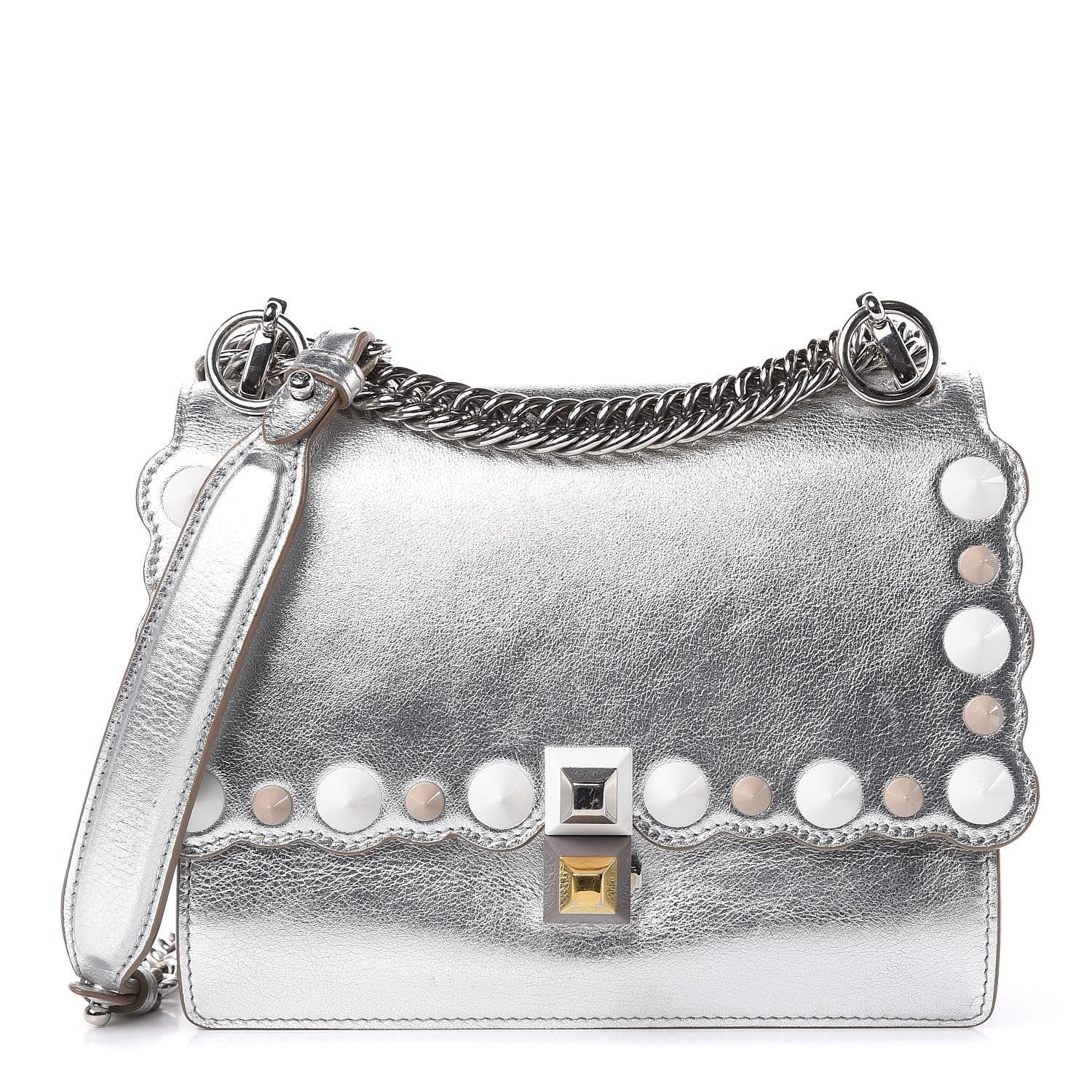 Fendi Kan I Metallic Silver Calfskin Scalloped Studded Small Shoulder Bag 8M0381