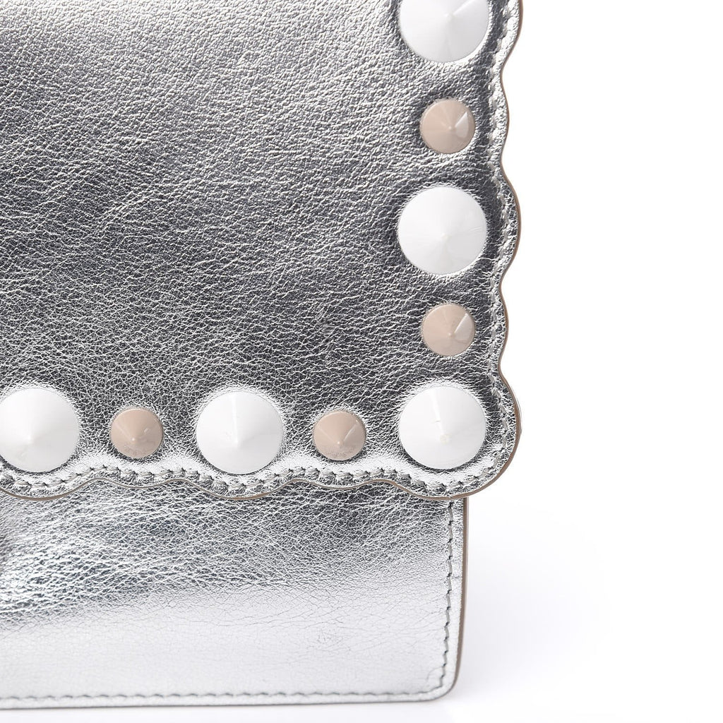 Fendi Kan I Metallic Silver Calfskin Scalloped Studded Small Shoulder Bag 8M0381