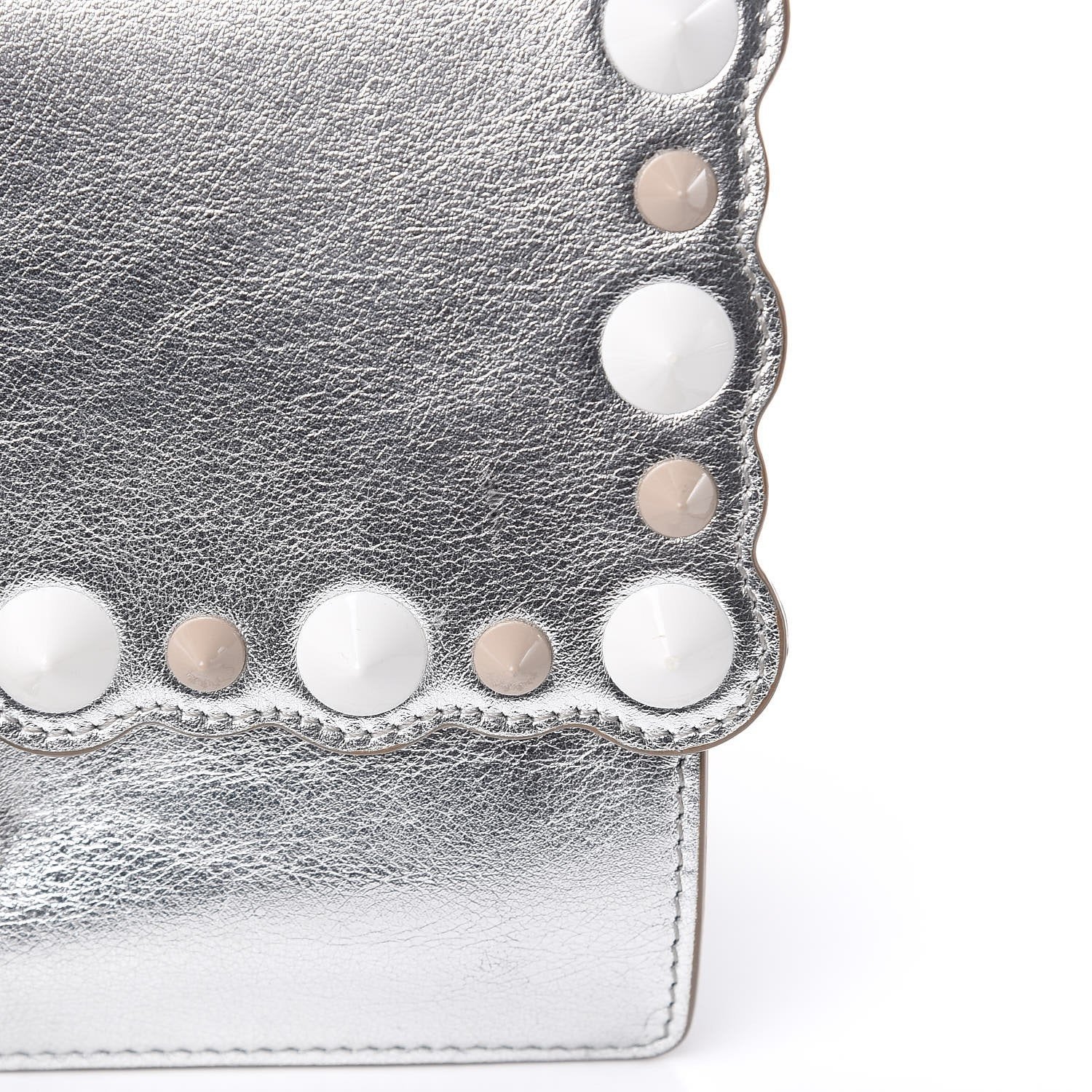 Fendi Kan I Metallic Silver Calfskin Scalloped Studded Small Shoulder Bag 8M0381