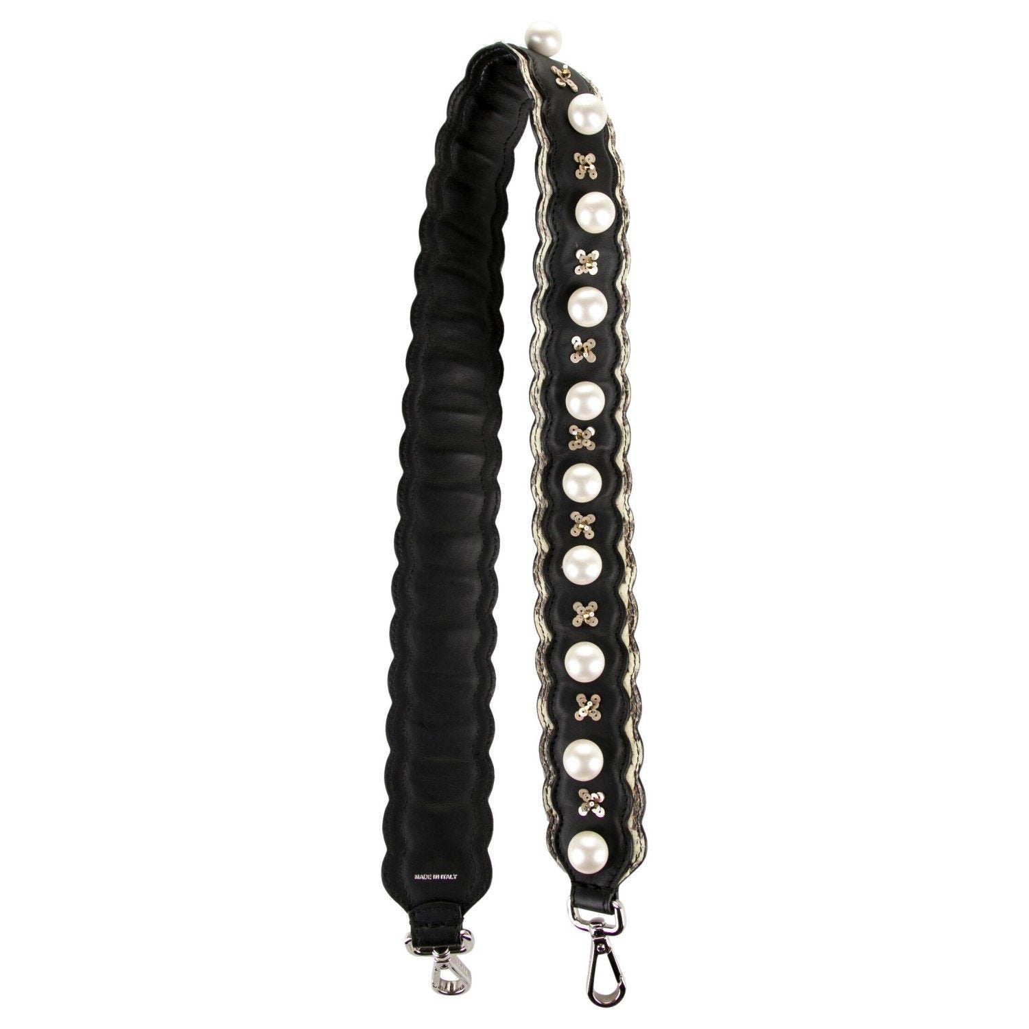 Fendi Strap You Black Pearl Leather Snakeskin Trim Sequin Shoulder Strap 8AV077