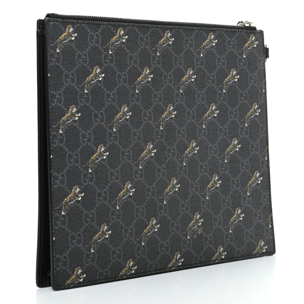 Gucci Black GG Supreme Monogram Tiger Print Pouch Wristlet Clutch Bag 575136