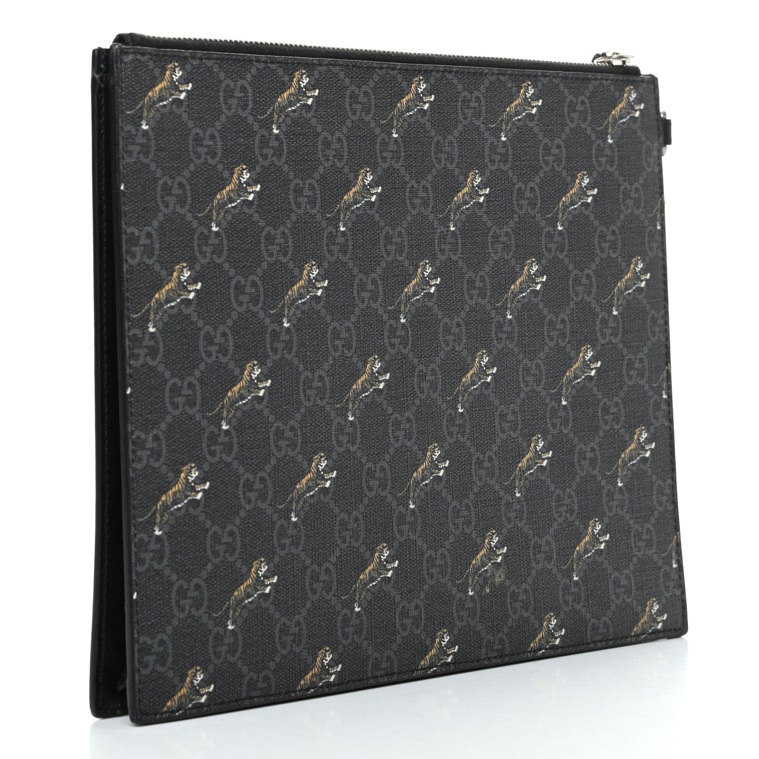 Gucci Black GG Supreme Monogram Tiger Print Pouch Wristlet Clutch Bag 575136