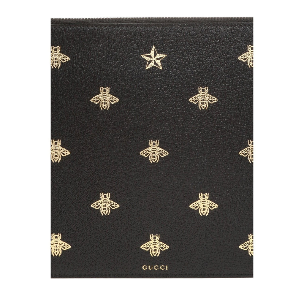 Gucci Black Leather Bee Star Motif Gold Pouch Wristlet Bag 495066