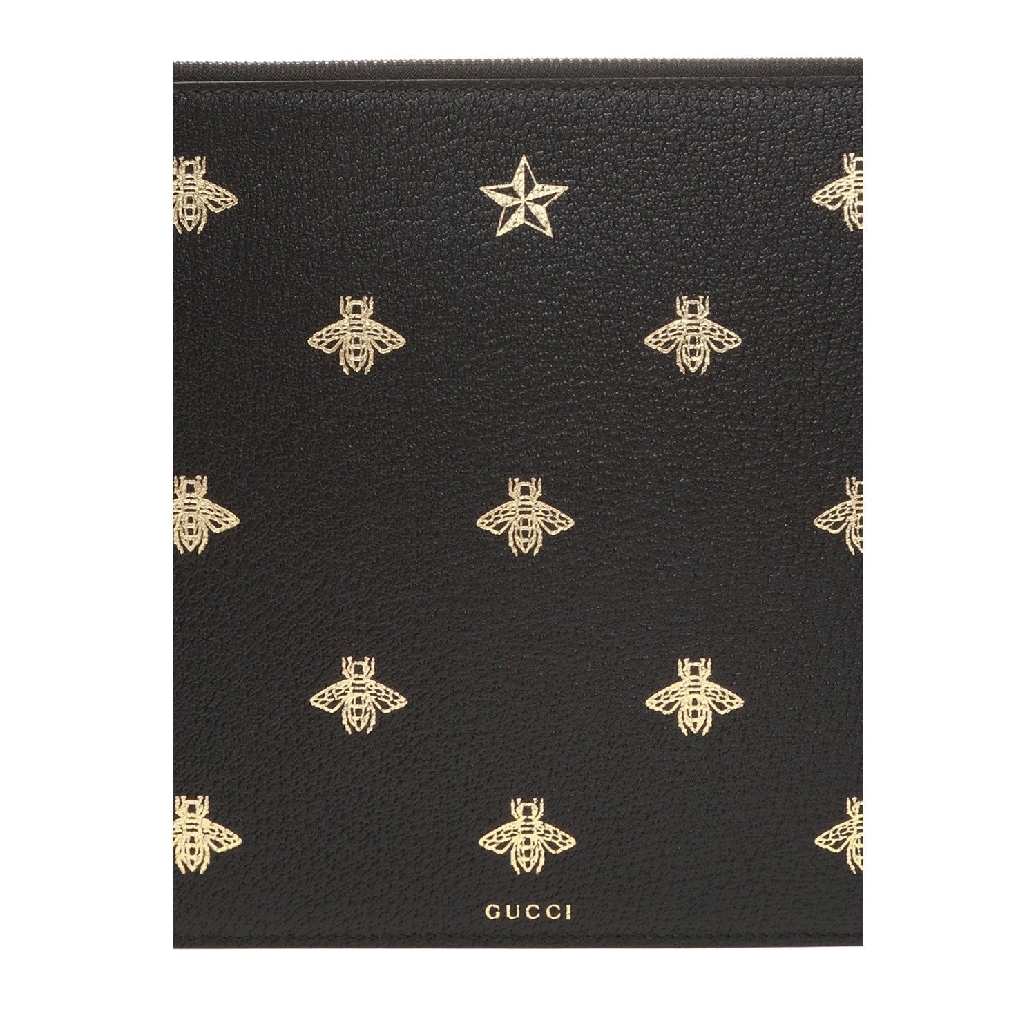 Gucci Black Leather Bee Star Motif Gold Pouch Wristlet Bag 495066