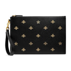 Gucci Black Leather Bee Star Motif Gold Pouch Wristlet Bag 495066
