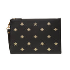 Gucci Black Leather Bee Star Motif Gold Pouch Wristlet Bag 495066
