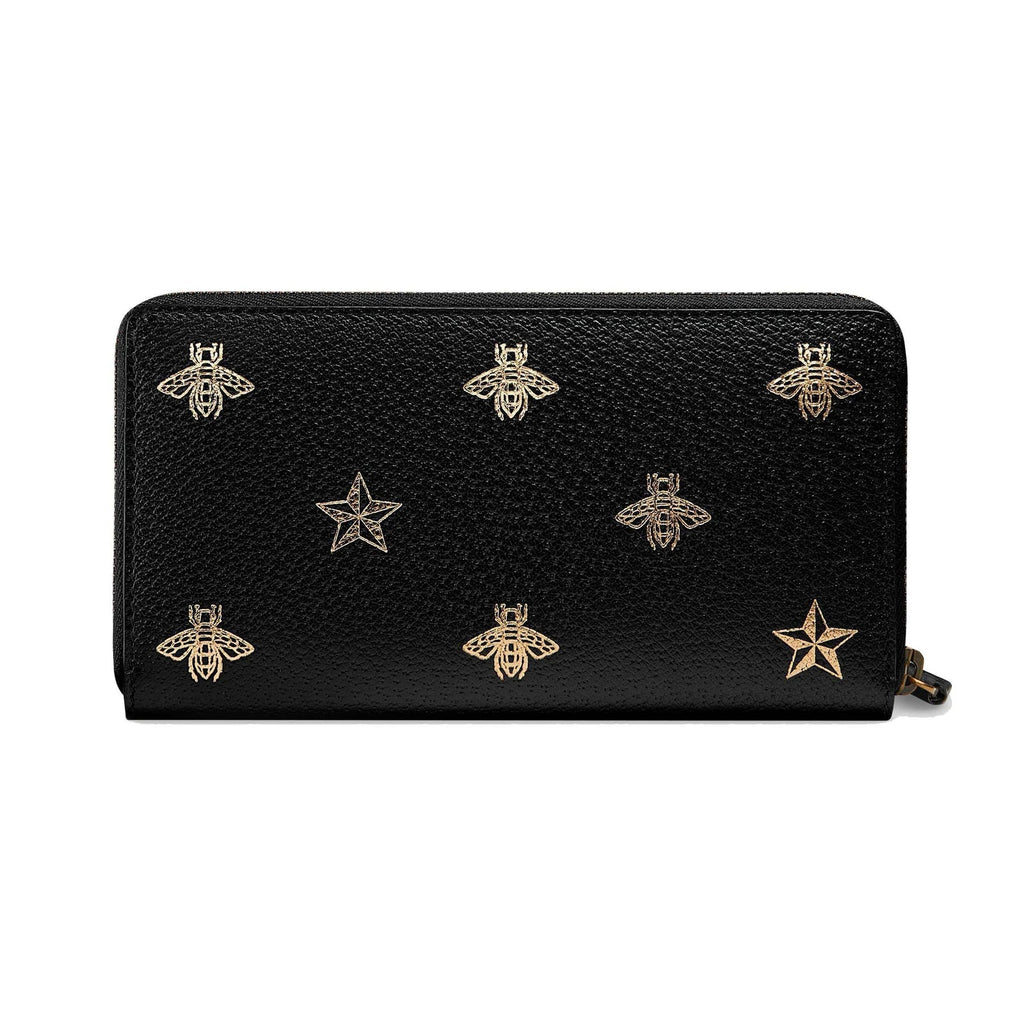 Gucci Bee Star Black Leather Continental Zip Around Wallet 495062