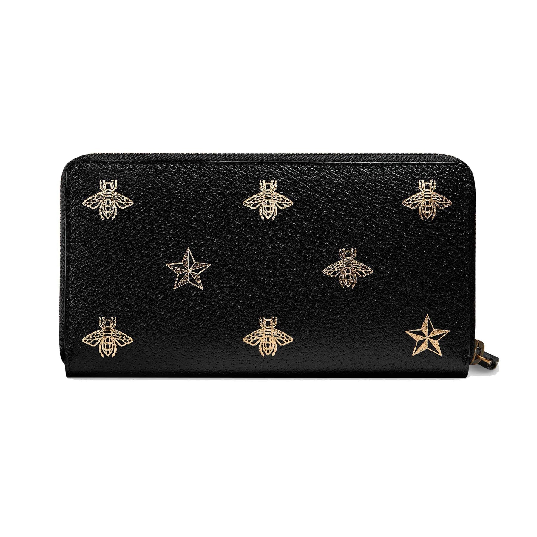 Gucci Bee Star Black Leather Continental Zip Around Wallet 495062