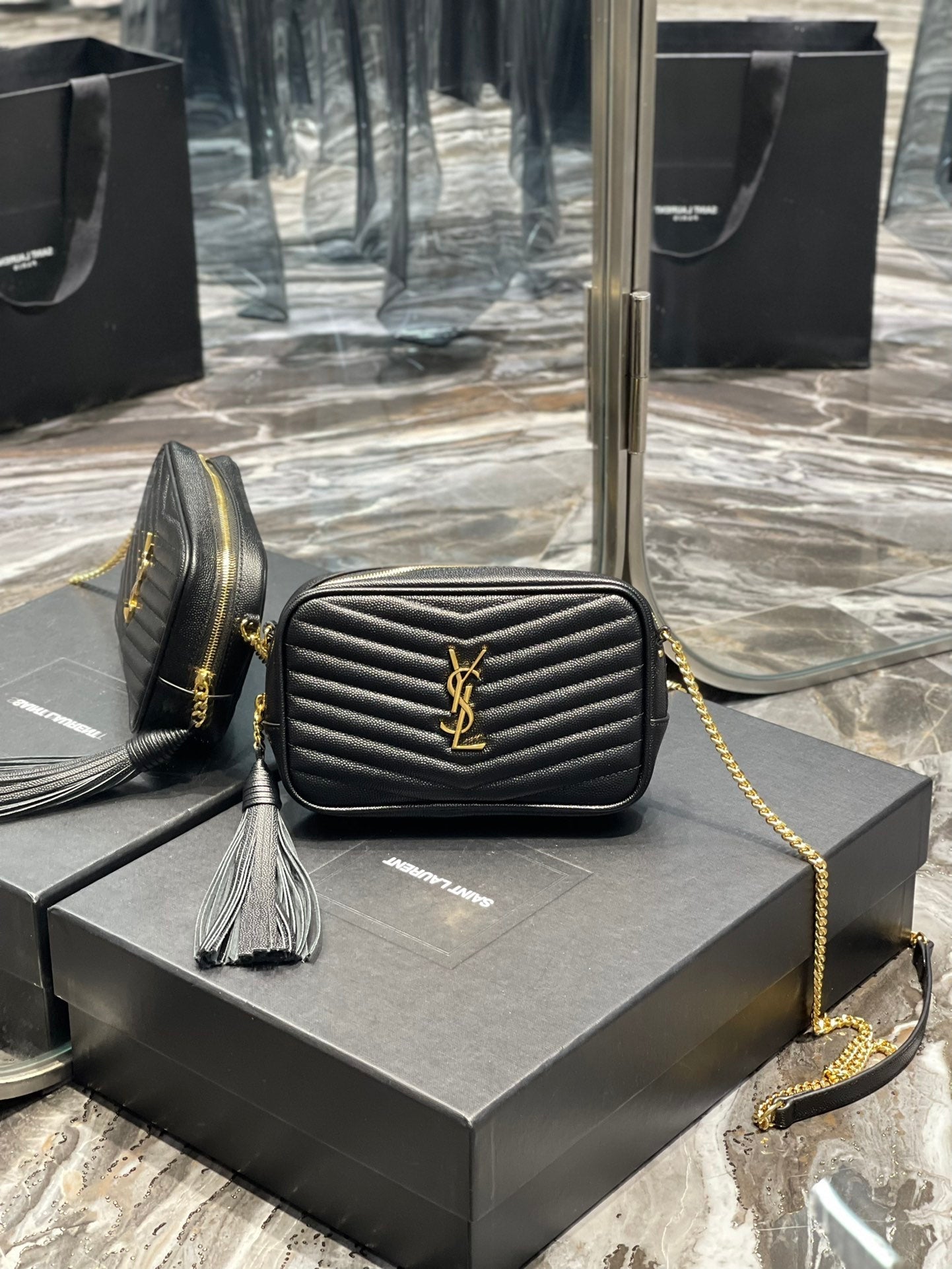 YSL Lou Mini Bag In Quilted  Grain  De Poudre Embossed Leather