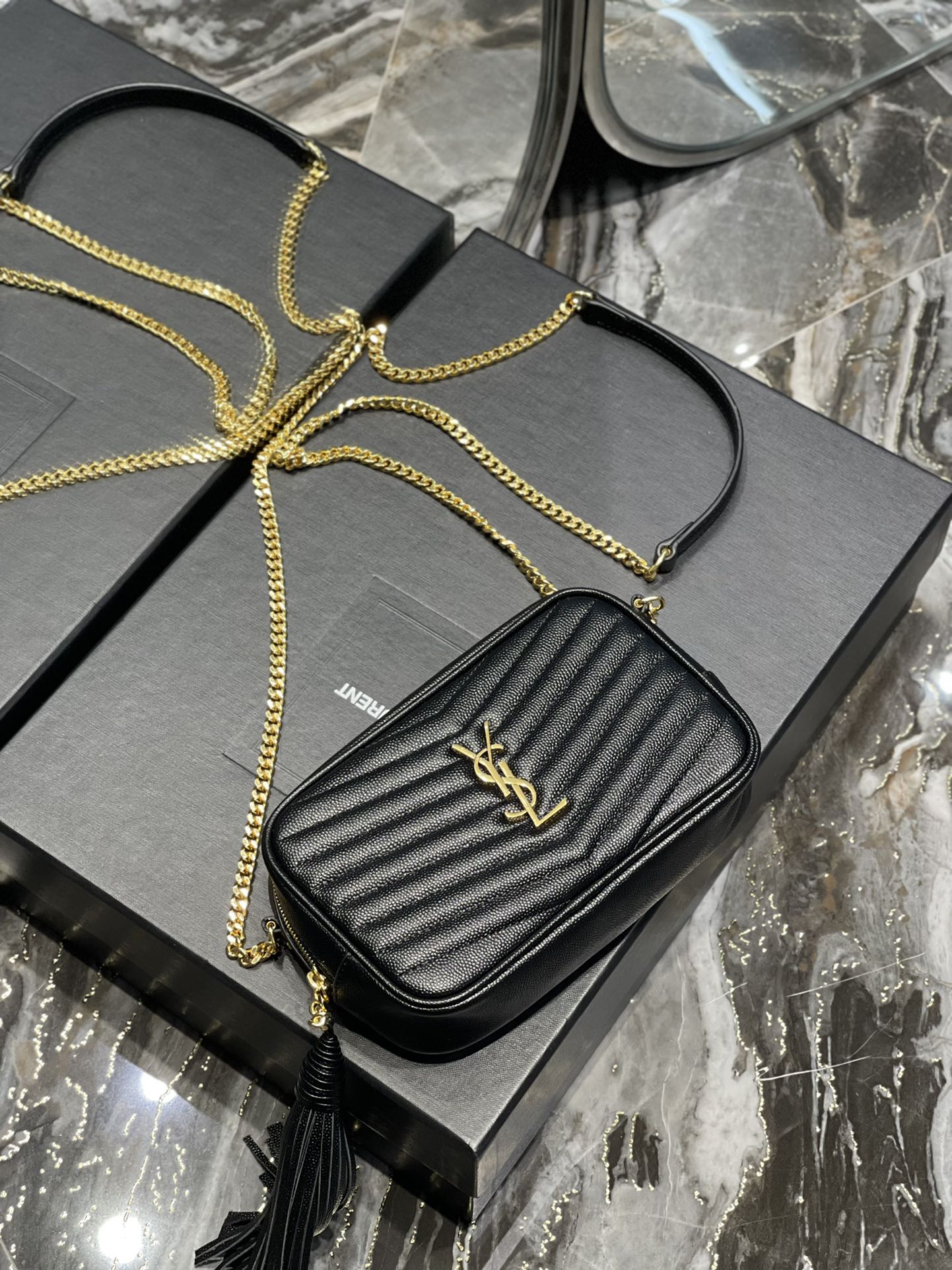 YSL Lou Mini Bag In Quilted  Grain  De Poudre Embossed Leather