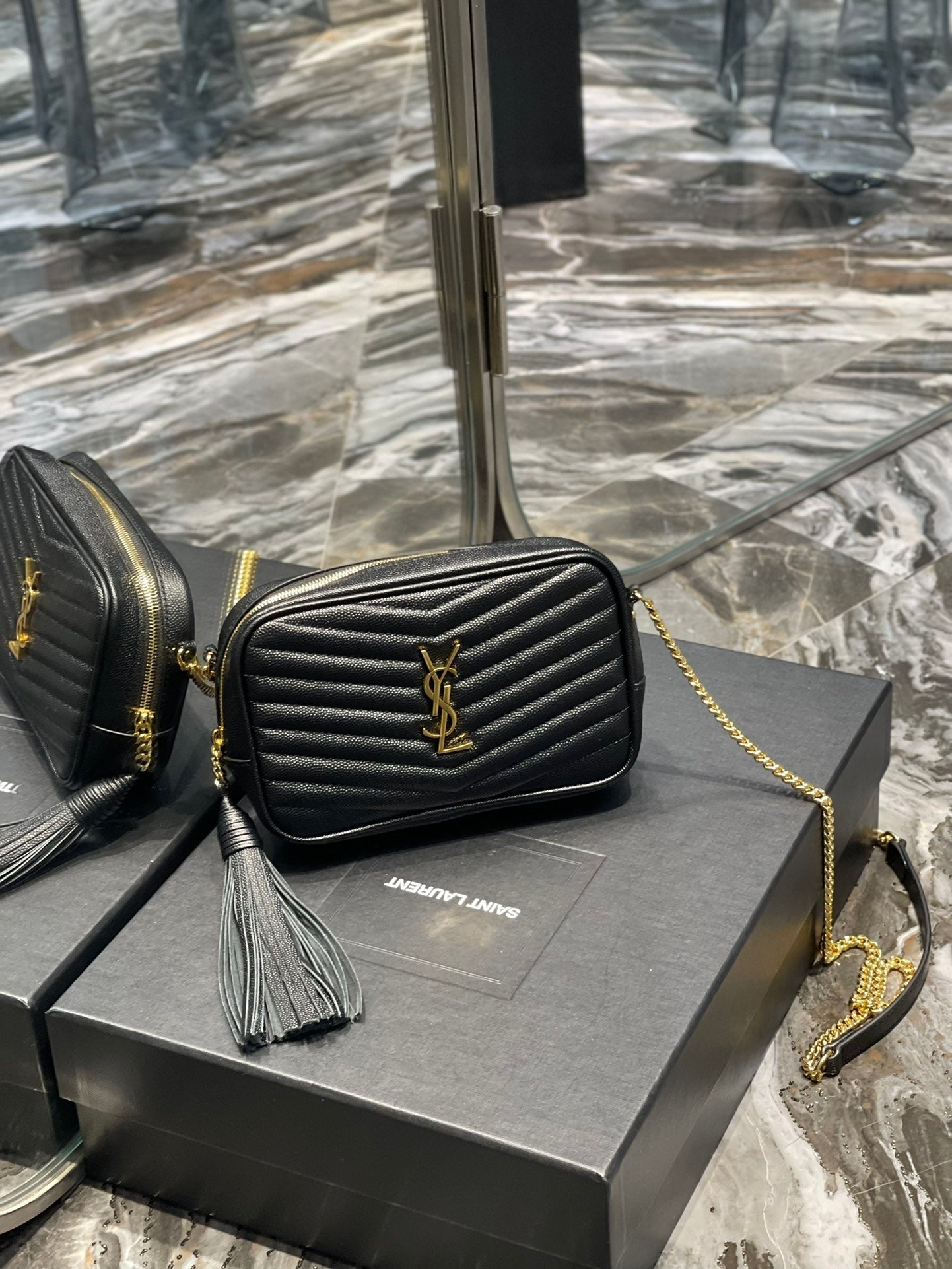 YSL Lou Mini Bag In Quilted  Grain  De Poudre Embossed Leather