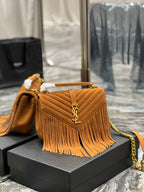 YSL College Medium Chain Bag In Light Suede With Fringes