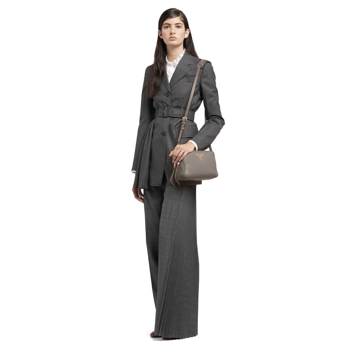 Prada Argilla Grey Vitello Phenix Leather Double Zip Cross Body Bag 1BH079