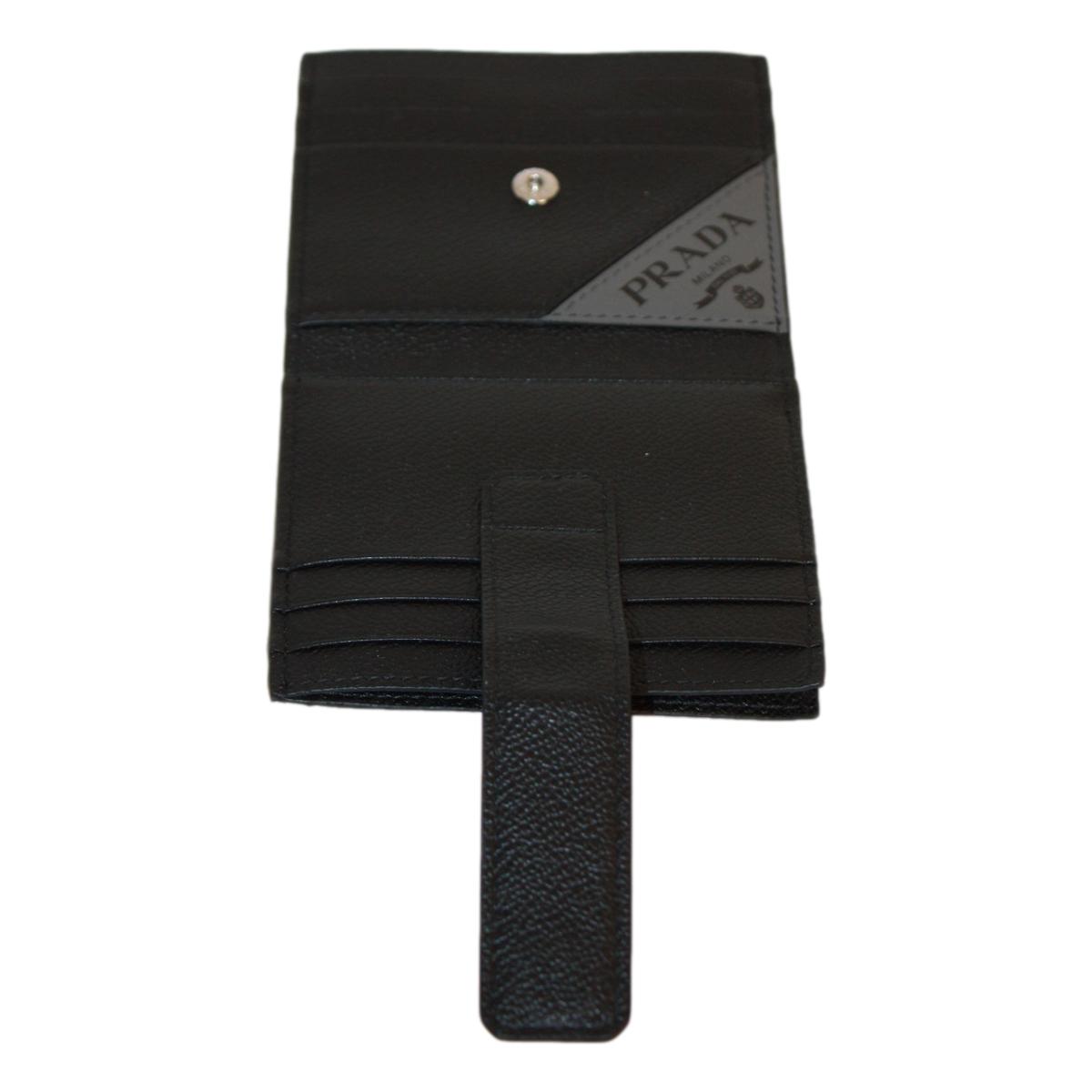 Prada Black Grey Vitello Grain Leather Card Case Bifold Wallet 2MC049