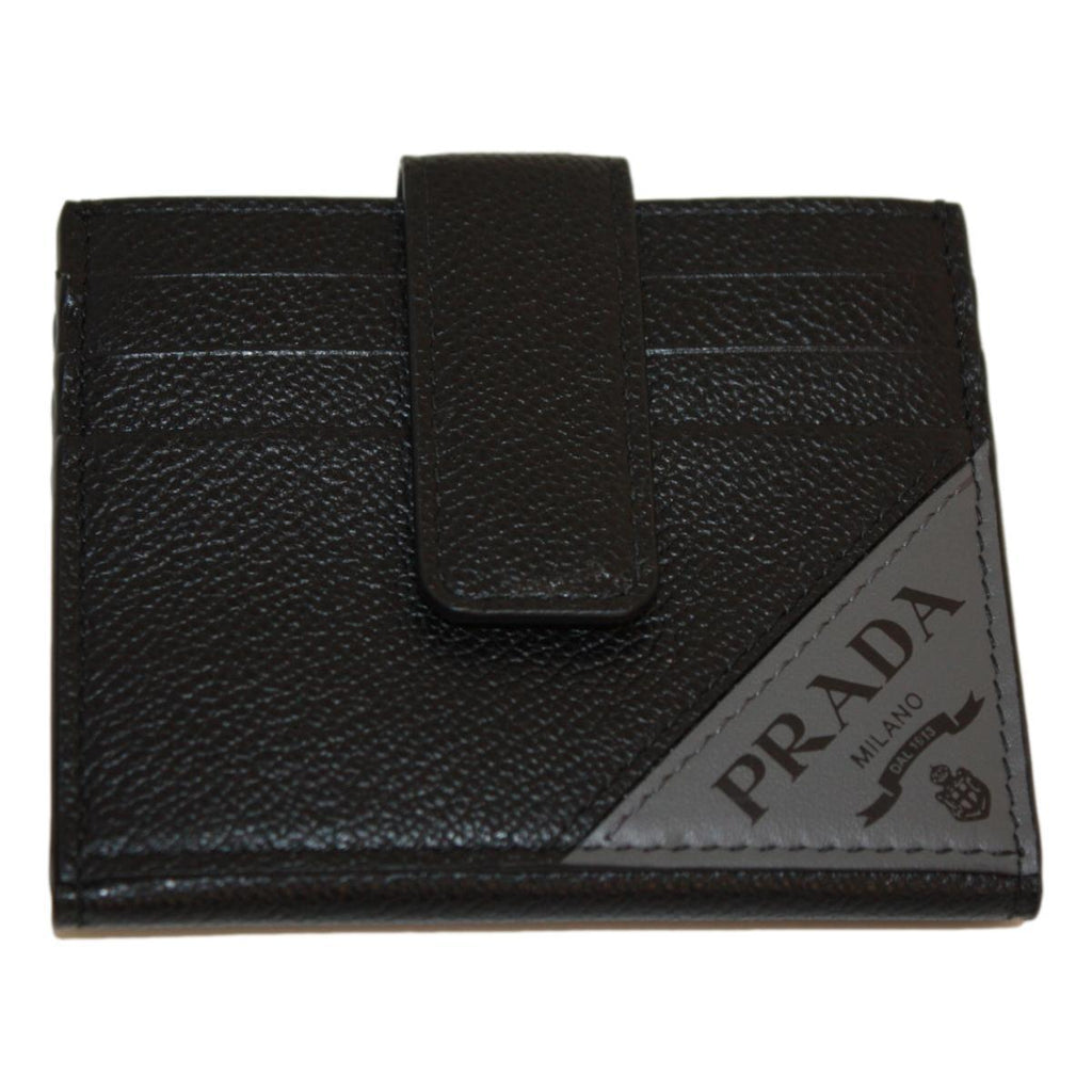 Prada Black Grey Vitello Grain Leather Card Case Bifold Wallet 2MC049