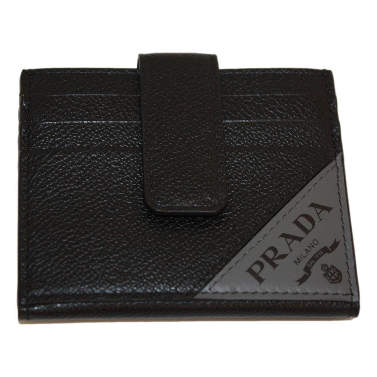 Prada Black Grey Vitello Grain Leather Card Case Bifold Wallet 2MC049