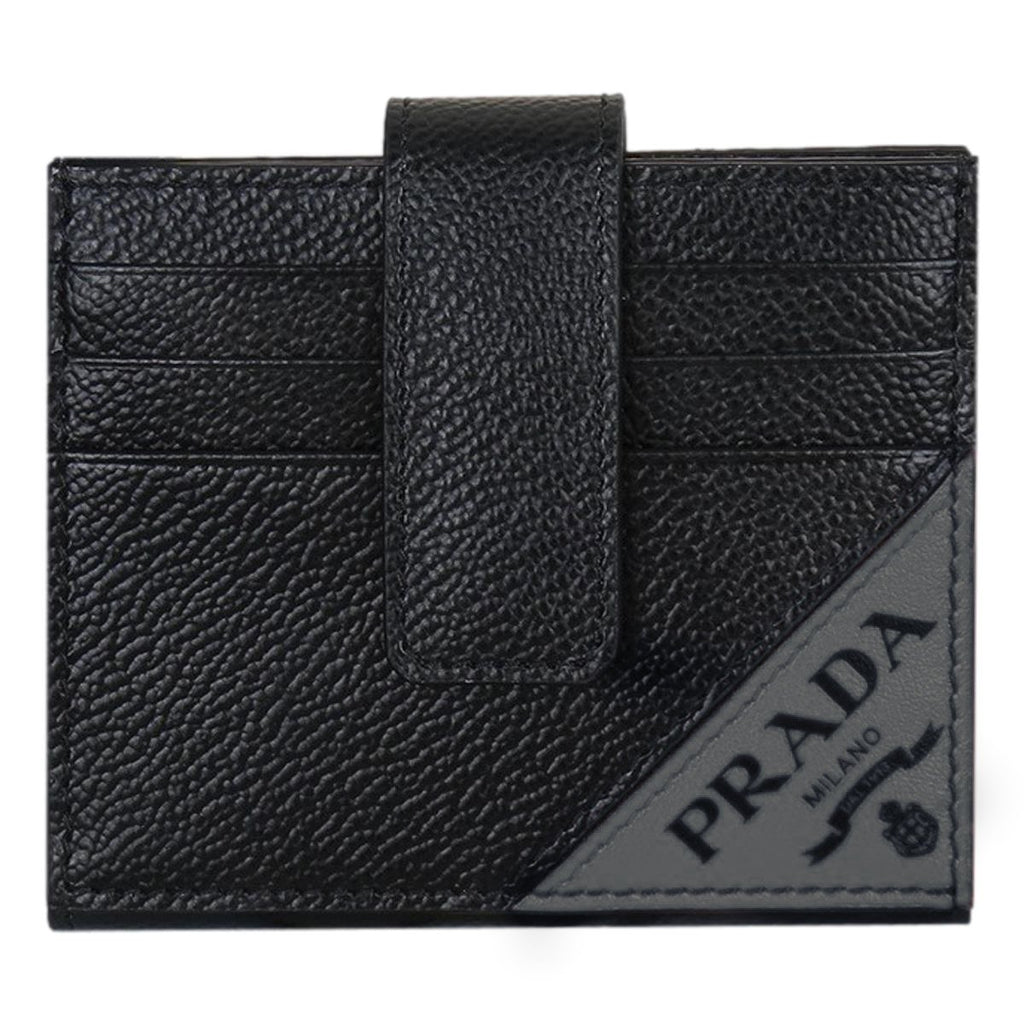 Prada Black Grey Vitello Grain Leather Card Case Bifold Wallet 2MC049